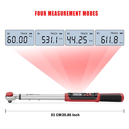 VANPO 1/2-Inch Drive Digital Torque Wrench(7.38-147.5ft-lbs/10-200NM) Dual-Direction Adjustable Electronic Torque Wrench with Preset Value, Buzzer and LED Flash Notification, for Bike Moto Car - Image 3