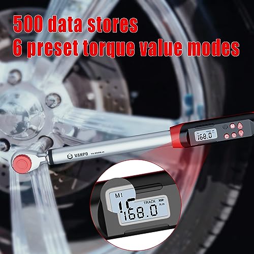 VANPO 1/2-Inch Drive Digital Torque Wrench(7.38-147.5ft-lbs/10-200NM) Dual-Direction Adjustable Electronic Torque Wrench with Preset Value, Buzzer and LED Flash Notification, for Bike Moto Car - Image 2