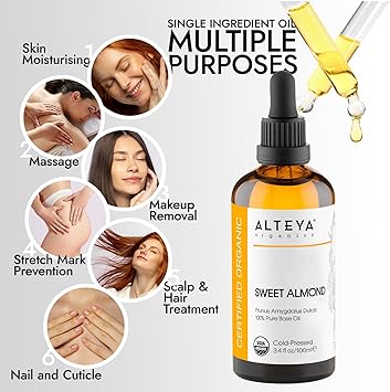 Alteya Organic Sweet Almond Oil 100ml 100 USDA Certified Organic Pure Natural Cold Pressed Sweet Almond Carrier Oil Premium Therapeutic Grade Skin Treatment - Image 2