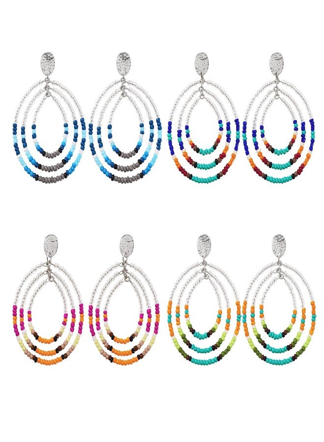 BOCAR 4 Pairs Statement Seed Bead Hoop Dangle Multicolor Stud Earrings for Women Handmade Costume Drop Earrings Handmade Jewelry Gifts (BER-1225-Mix) - Image 1