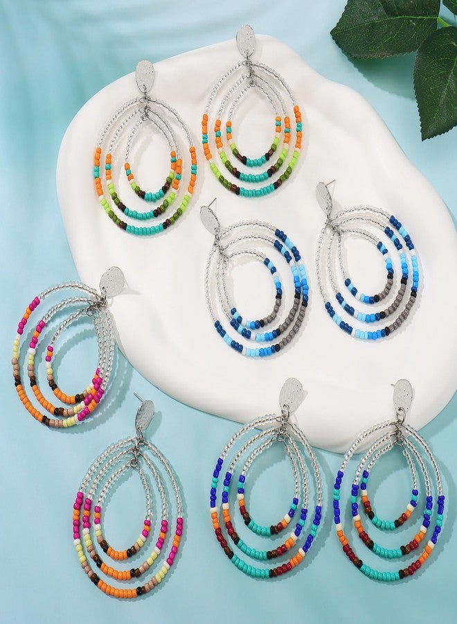 BOCAR 4 Pairs Statement Seed Bead Hoop Dangle Multicolor Stud Earrings for Women Handmade Costume Drop Earrings Handmade Jewelry Gifts (BER-1225-Mix) - Image 3