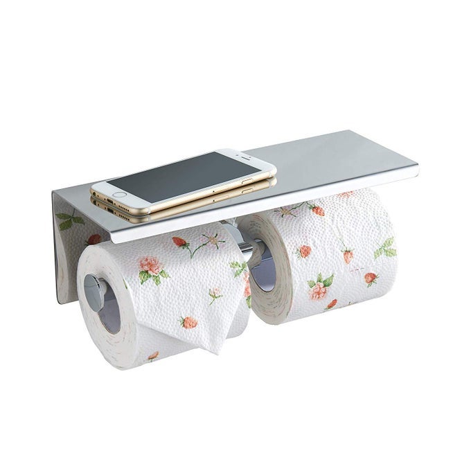 TOILET PAPER HOLDER STAINLESS STEEL TOILET PAPER ROLL HOLDER WITH SHELF WALL MOUNTED FOR BATHROOM SILVER DOUBLE HEAD
