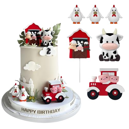 Zafena 6 PCS Farm Cake Topper with Cow Tractor Cake Decorations for Farm Animal Theme Birthday Party Decoration Supplies Red - Image 1