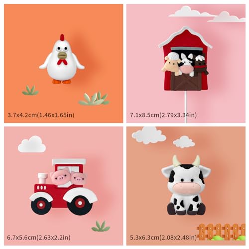 Zafena 6 PCS Farm Cake Topper with Cow Tractor Cake Decorations for Farm Animal Theme Birthday Party Decoration Supplies Red - Image 5