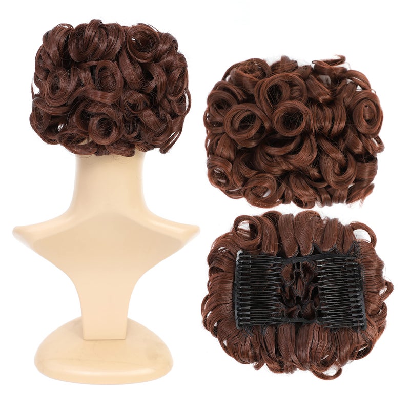 SWACC Short Messy Curly Dish Hair Bun Extension Easy Stretch hair Combs Clip in Ponytail Extension Scrunchie Chignon Tray Ponytail Hairpieces Dark Auburn33