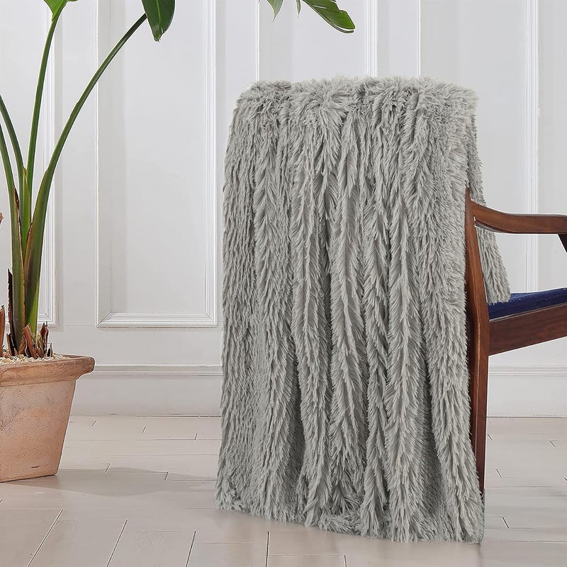 Tuddrom Decorative Extra Soft Fuzzy Faux Fur Throw Blanket 50'' x 60'', Solid Reversible Lightweight Long Hair Shaggy Blanket, Fluffy Cozy Plush Comfy Microfiber Fleece Blankets, Quiet Grey - Image 5