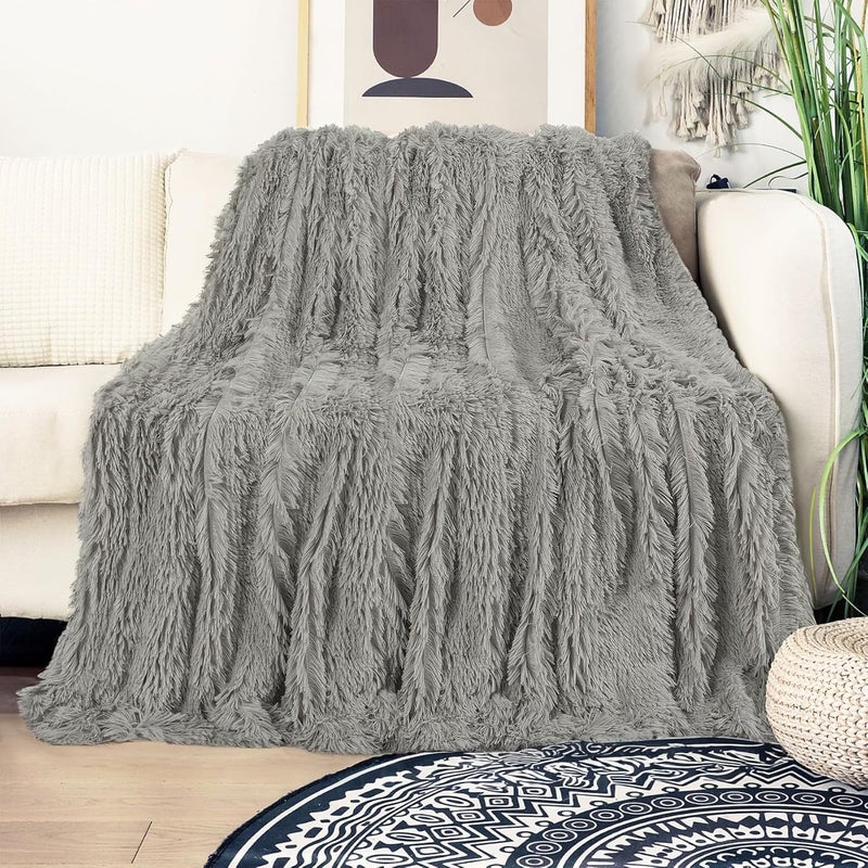 Tuddrom Decorative Extra Soft Fuzzy Faux Fur Throw Blanket 50'' x 60'', Solid Reversible Lightweight Long Hair Shaggy Blanket, Fluffy Cozy Plush Comfy Microfiber Fleece Blankets, Quiet Grey - Image 2