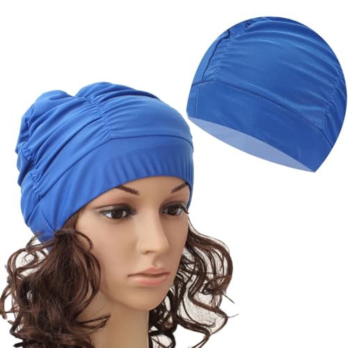 Ewandastore Ewanda store Colorful Pleated Nylon Cloth Swim Cap Large Swimming Cap Hot Spring Bathing Caps for Adult Men Women Long Hair(Dark Blue) - Image 1