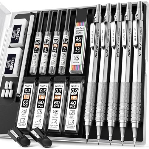 Nicpro Metal Mechanical Pencil Set 5 PCS Art Drafting Pencils 03 05 07 09 mm 2mm Graphite Lead Holder For Sketching Drawing With 9 Tubes 4B 2B HB 2H Colors Lead Refills Erasers Case - Image 1