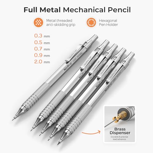 Nicpro Metal Mechanical Pencil Set 5 PCS Art Drafting Pencils 03 05 07 09 mm 2mm Graphite Lead Holder For Sketching Drawing With 9 Tubes 4B 2B HB 2H Colors Lead Refills Erasers Case - Image 3