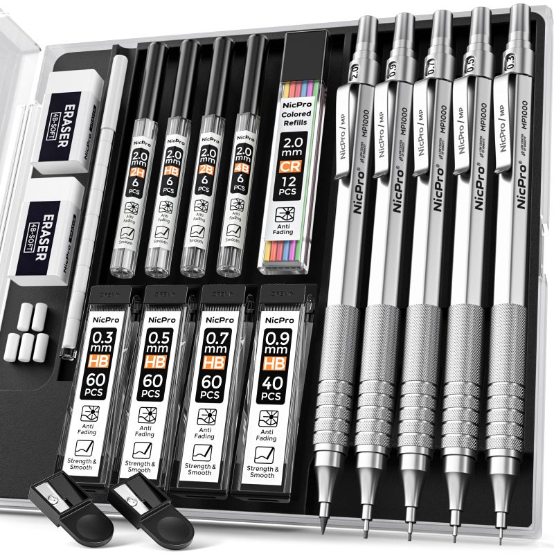 Nicpro Metal Mechanical Pencil Set 5 PCS Art Drafting Pencils 03 05 07 09 mm 2mm Graphite Lead Holder For Sketching Drawing With 9 Tubes 4B 2B HB 2H Colors Lead Refills Erasers Case - Image 2