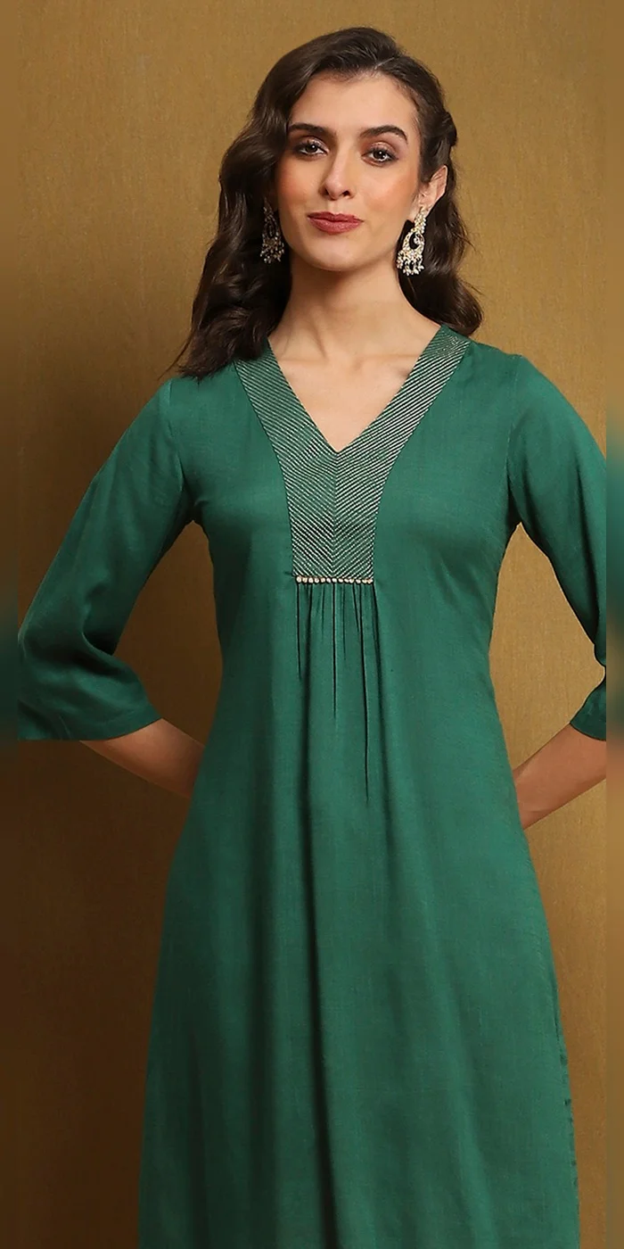 Biba  Women Bottle Green Solid Gathered Straight Kurta  | Best Price UAE