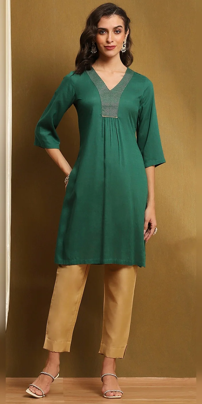 Biba  Women Bottle Green Solid Gathered Straight Kurta  | Best Price UAE