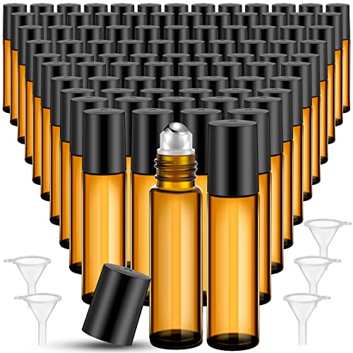 SEEWEY 96 Pcs Essential Oil Roller Bottles 10ml Empty Glass Roller Bottles with Stainless Steel Balls Protection Leakproof with 5 Funnel for Travel Perfume Lip GlossAmber - Image 2