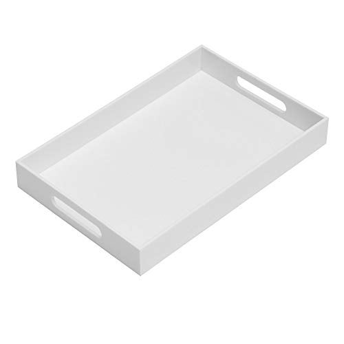 KEVLANG Glossy White Sturdy Acrylic Serving Tray with Handles10x15InchServing Coffee Appetizer Breakfast ButlerKitchen CountertopMakeup Drawer OrganizerVanity Table TrayOttoman Tray