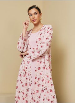 Styli Floral Print Abaya with Solid Inner Dress Modest Set  - Image 3