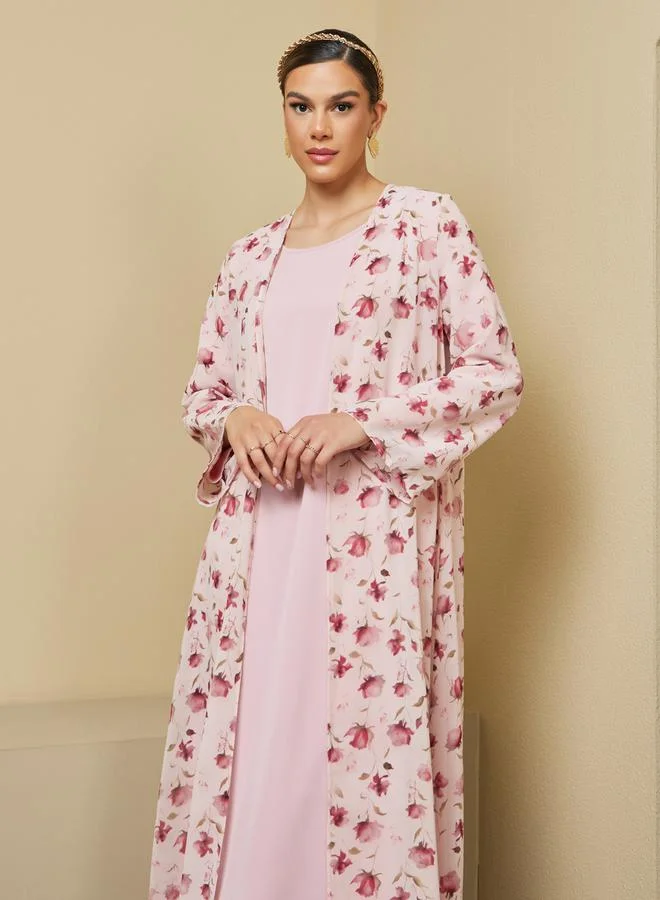 Styli Floral Print Abaya with Solid Inner Dress Modest Set
