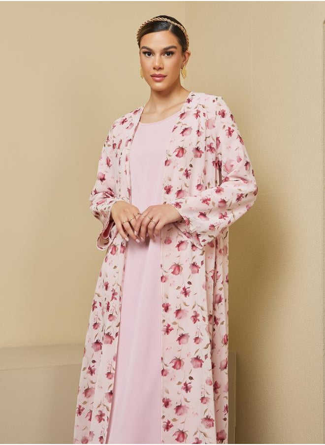 Styli Floral Print Abaya with Solid Inner Dress Modest Set  - Image 4