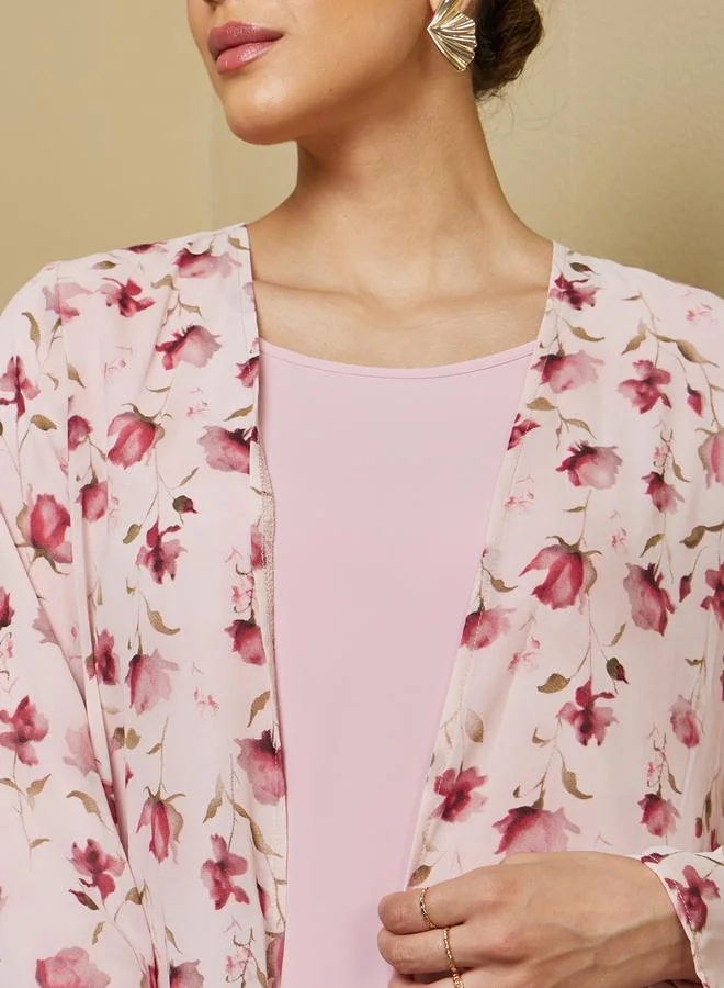 Styli Floral Print Abaya with Solid Inner Dress Modest Set