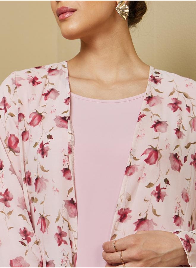 Styli Floral Print Abaya with Solid Inner Dress Modest Set  - Image 5