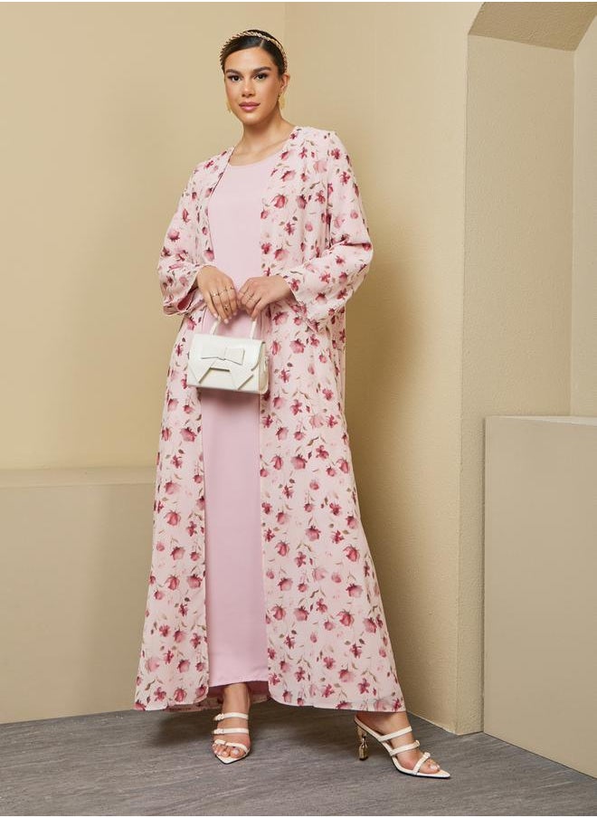 Styli Floral Print Abaya with Solid Inner Dress Modest Set  - Image 1