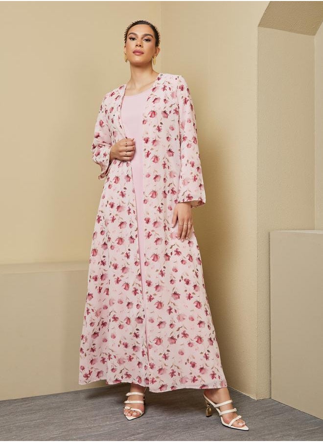 Styli Floral Print Abaya with Solid Inner Dress Modest Set  - Image 2