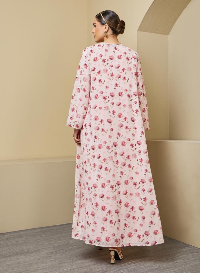 Floral Print Abaya with Solid Inner Dress Modest Set