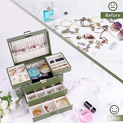 Dajasan Jewelry Organizer Box for Women Girls, Jewelry Holder Organizer, 4 Layers Leather Jewelry Box, Gift Idea for Valentine's Day, Christmas, New Year, Birthdays (Green) - Image 2