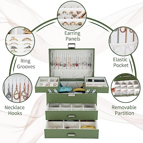 Dajasan Jewelry Organizer Box for Women Girls, Jewelry Holder Organizer, 4 Layers Leather Jewelry Box, Gift Idea for Valentine's Day, Christmas, New Year, Birthdays (Green) - Image 4
