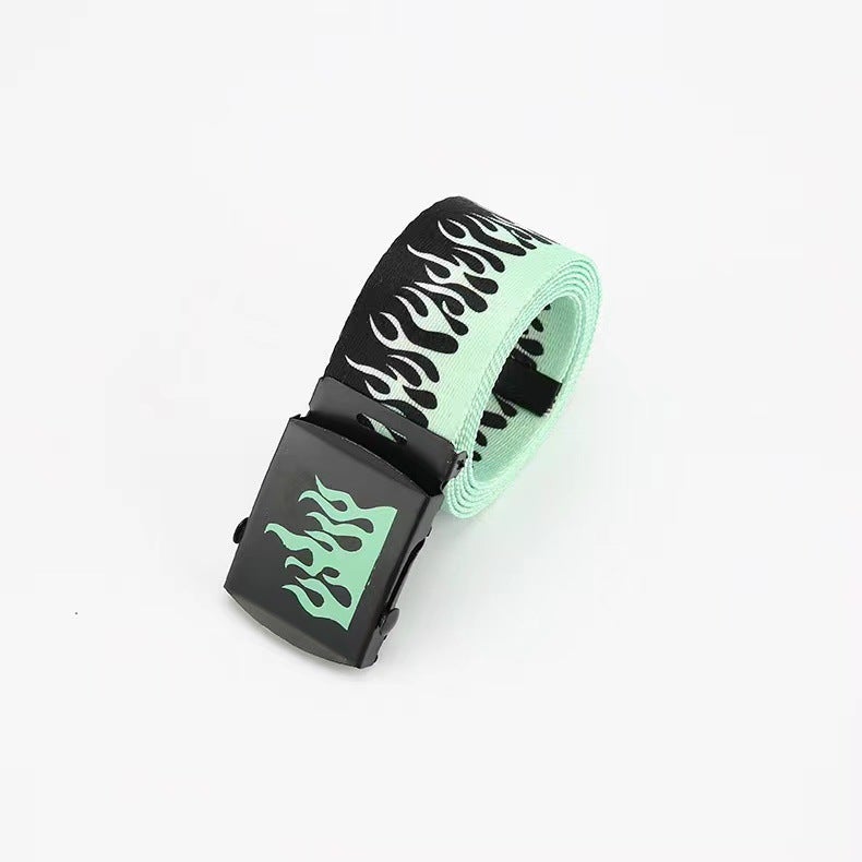 Korean Style Trendy Brand Harajuku Fashion Hip Hop Trouser Belt Trendy Unisex Canvas Belt Casual Flame Nylon Belt Flame light green
