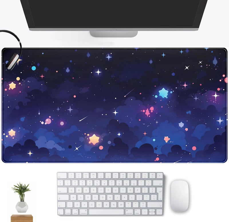 Mechanical Cattle Blue Stars Desk Mat Cute Cloud Desk Pad, Aesthetic Starry Sky Mouse Mat Gaming Mousepad XXL, Extra Large Deskktop Mats for Keyboard and Mouse, Computer Laptop Mat Kawaii Desk Decor 31.5"x15.75" - Image 1