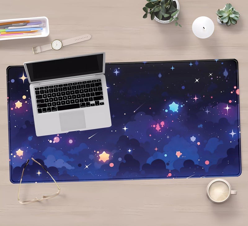 Mechanical Cattle Blue Stars Desk Mat Cute Cloud Desk Pad, Aesthetic Starry Sky Mouse Mat Gaming Mousepad XXL, Extra Large Deskktop Mats for Keyboard and Mouse, Computer Laptop Mat Kawaii Desk Decor 31.5"x15.75" - Image 4