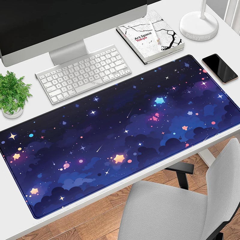 Mechanical Cattle Blue Stars Desk Mat Cute Cloud Desk Pad, Aesthetic Starry Sky Mouse Mat Gaming Mousepad XXL, Extra Large Deskktop Mats for Keyboard and Mouse, Computer Laptop Mat Kawaii Desk Decor 31.5"x15.75" - Image 2