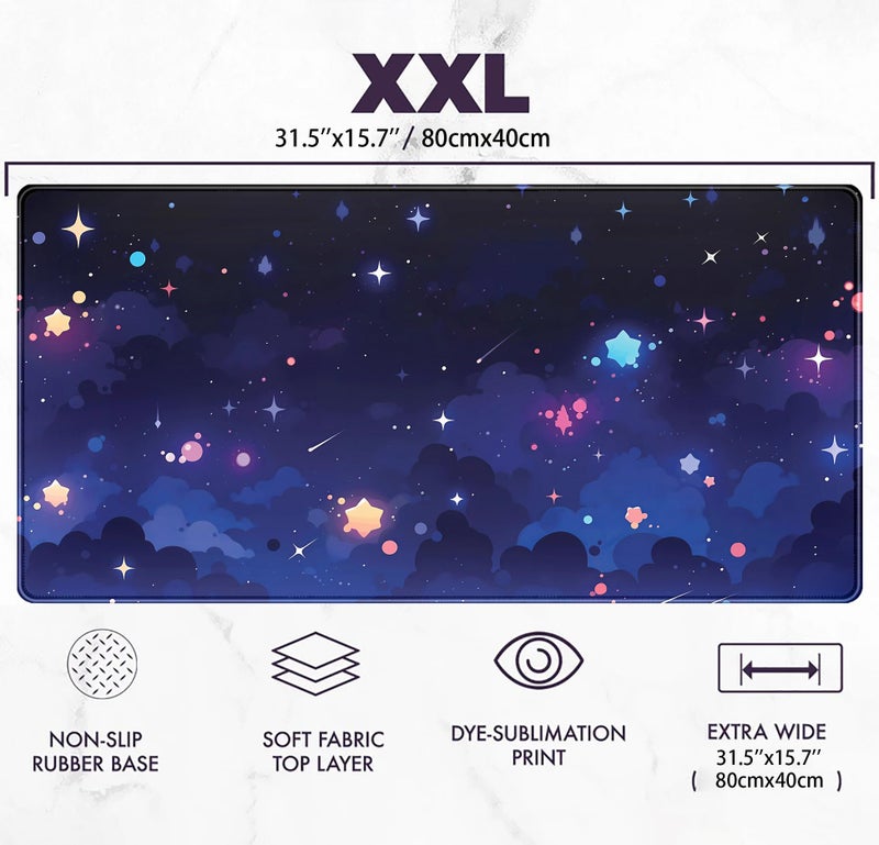 Mechanical Cattle Blue Stars Desk Mat Cute Cloud Desk Pad, Aesthetic Starry Sky Mouse Mat Gaming Mousepad XXL, Extra Large Deskktop Mats for Keyboard and Mouse, Computer Laptop Mat Kawaii Desk Decor 31.5"x15.75" - Image 3