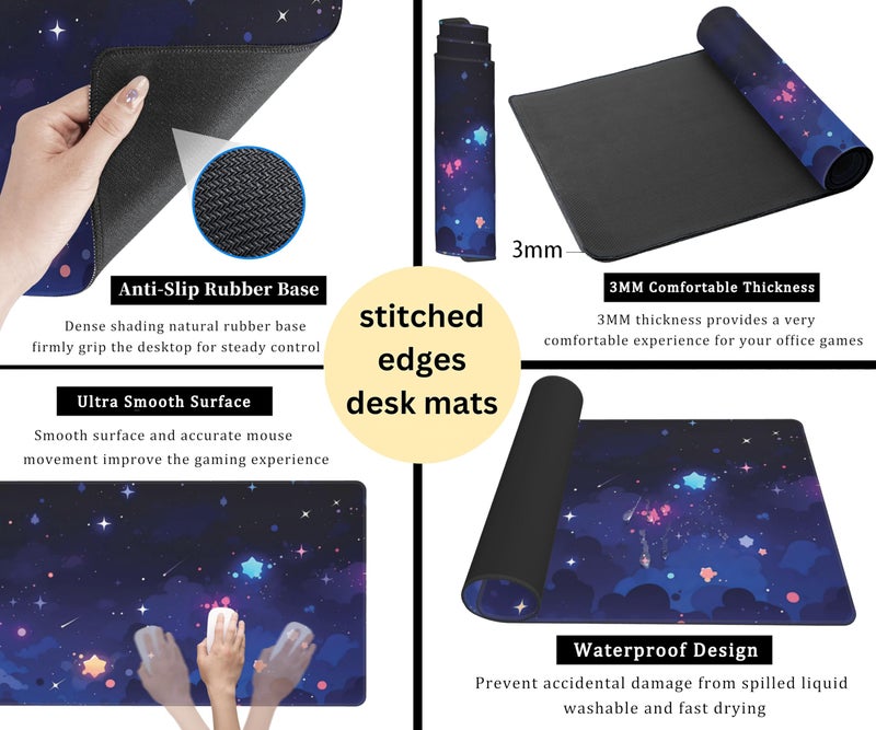 Mechanical Cattle Blue Stars Desk Mat Cute Cloud Desk Pad, Aesthetic Starry Sky Mouse Mat Gaming Mousepad XXL, Extra Large Deskktop Mats for Keyboard and Mouse, Computer Laptop Mat Kawaii Desk Decor 31.5"x15.75" - Image 5