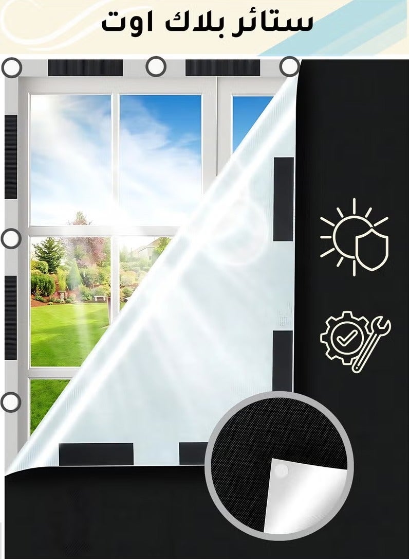 Blackout Curtain, 5 Pcs Set Shade with Velcro Strips, Portable Window Cover for Bedroom, Travel, Baby Nursery Black Oxford fabric 145cm x 200cm  - Image 1