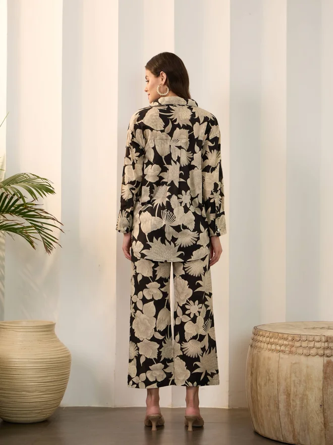 Take Two Black Floral Print Pure Cotton Shirt with Trousers Co-Ords By Imana