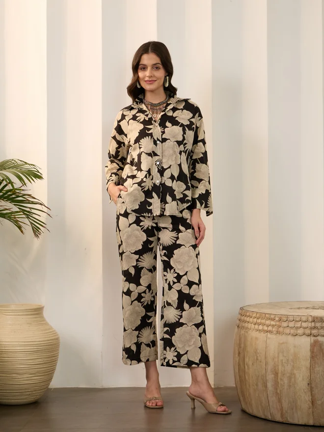 Take Two Black Floral Print Pure Cotton Shirt with Trousers Co-Ords By Imana
