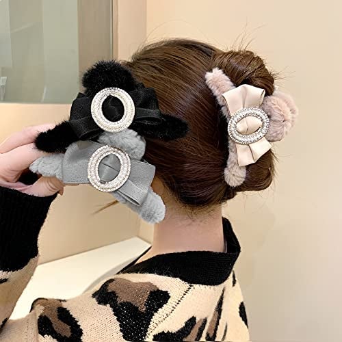 TLISMI Korean Plush Cute Pearl Stone Large Hair Temperament Clip with Claw Bow Soft Faux Fur Strong Hold No Slip Hairclip Jaw Barrettes Clutcher for Women Girl (Blue) - Image 4