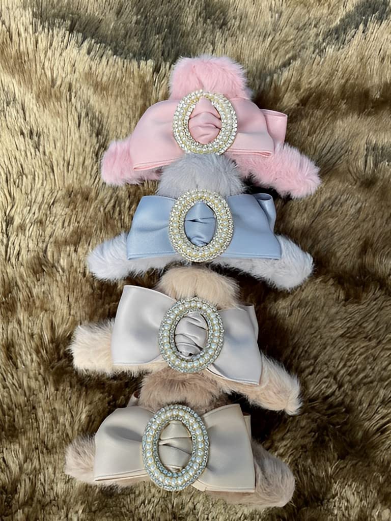 TLISMI Korean Plush Cute Pearl Stone Large Hair Temperament Clip with Claw Bow Soft Faux Fur Strong Hold No Slip Hairclip Jaw Barrettes Clutcher for Women Girl (Blue) - Image 3
