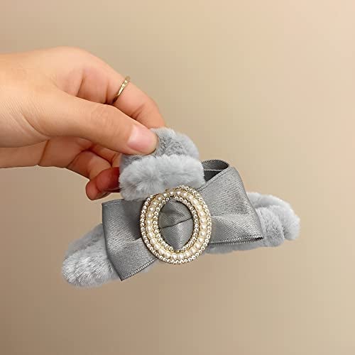 TLISMI Korean Plush Cute Pearl Stone Large Hair Temperament Clip with Claw Bow Soft Faux Fur Strong Hold No Slip Hairclip Jaw Barrettes Clutcher for Women Girl (Blue) - Image 1