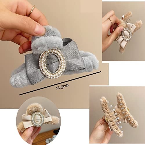 TLISMI Korean Plush Cute Pearl Stone Large Hair Temperament Clip with Claw Bow Soft Faux Fur Strong Hold No Slip Hairclip Jaw Barrettes Clutcher for Women Girl (Blue) - Image 2