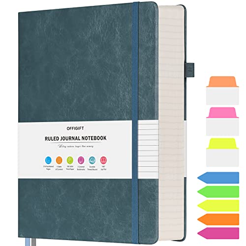OFFIGIFT Lined Journal Notebook, Large A5 College Ruled Notebook, 312 Numbered Pages Work Notebook with Index Stickers, 100gsm Paper, Hardcover Vegan Leather Journal for Women Men School Office, Grey Blue - Image 1