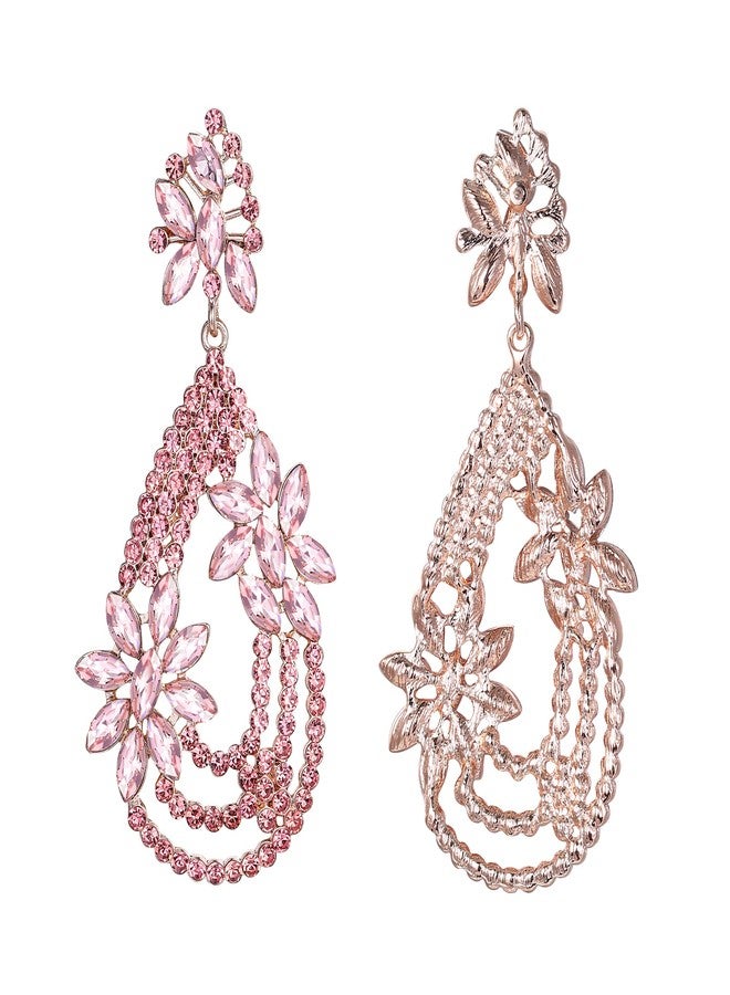 BriLove Women's Elegant Layer Crystal Rhinestone Marquise Flower Chandelier Dangle Earrings for Wedding Party Prom Pink Gold-Tone - Image 4