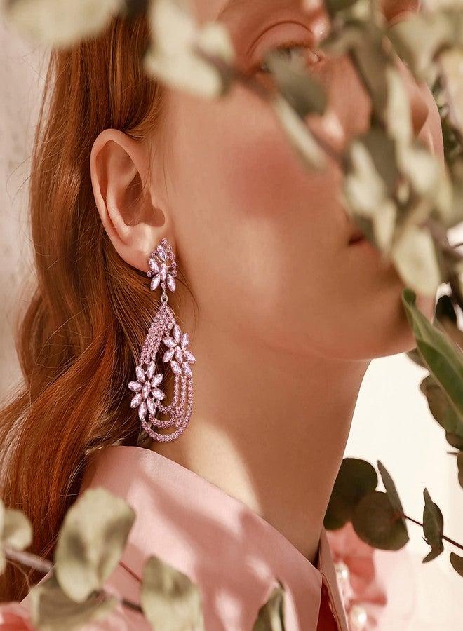 BriLove Women's Elegant Layer Crystal Rhinestone Marquise Flower Chandelier Dangle Earrings for Wedding Party Prom Pink Gold-Tone - Image 2