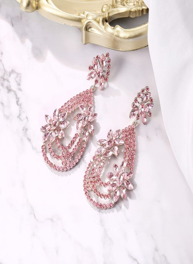 BriLove Women's Elegant Layer Crystal Rhinestone Marquise Flower Chandelier Dangle Earrings for Wedding Party Prom Pink Gold-Tone - Image 3