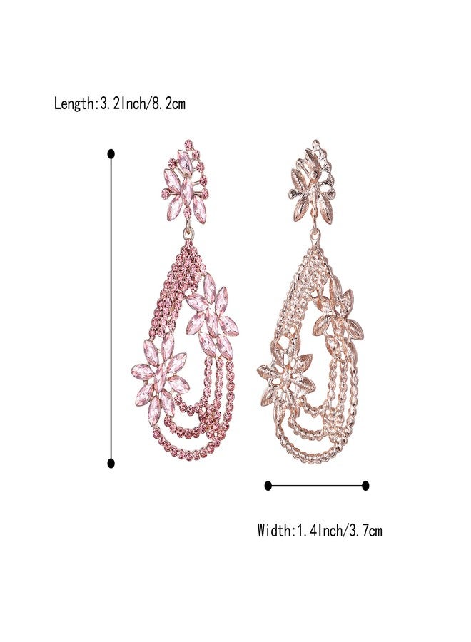 BriLove Women's Elegant Layer Crystal Rhinestone Marquise Flower Chandelier Dangle Earrings for Wedding Party Prom Pink Gold-Tone - Image 5