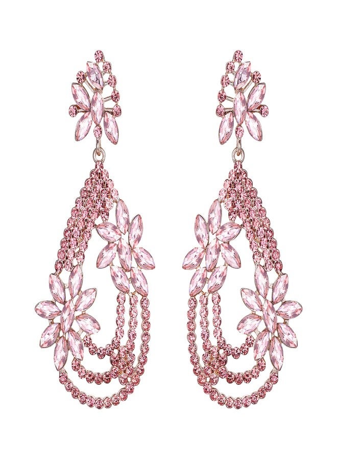 BriLove Women's Elegant Layer Crystal Rhinestone Marquise Flower Chandelier Dangle Earrings for Wedding Party Prom Pink Gold-Tone - Image 1