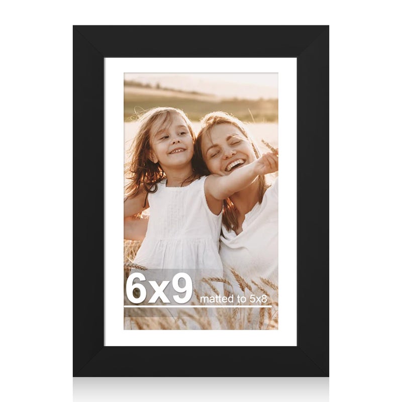 Hongkee 6x9 Picture Frame with Glass, Display Pictures 5x8 with Mat or 6 x 9 without Mat - Wall and Tabletop, 6 by 9 Photo Wooden Frames (Black, 1 Pack) - Image 1