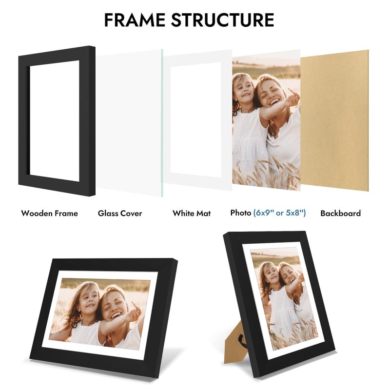 Hongkee 6x9 Picture Frame with Glass, Display Pictures 5x8 with Mat or 6 x 9 without Mat - Wall and Tabletop, 6 by 9 Photo Wooden Frames (Black, 1 Pack) - Image 5